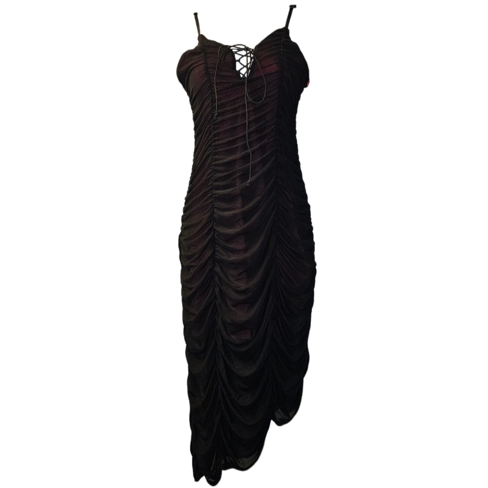Black Mesh Overlay Red Bodycon Corset Style Dress